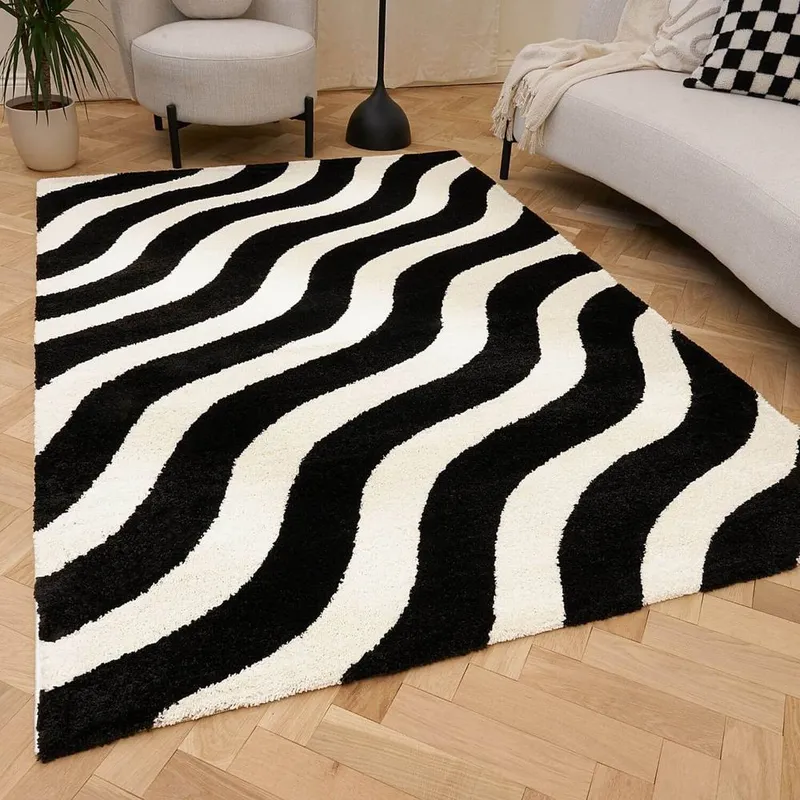 The Rugs Joli Wavy Soft & Dense Pile Living Room & Bedroom Rug in Black Size: 200cm x 290cm - Black