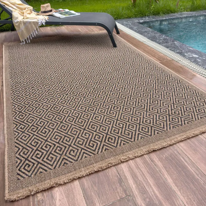 The Rugs Jute Looking Greek Key Design Outdoor Rugs Dark Grey Nature 5100DG Size: 200cm x 290cm - Dark Grey