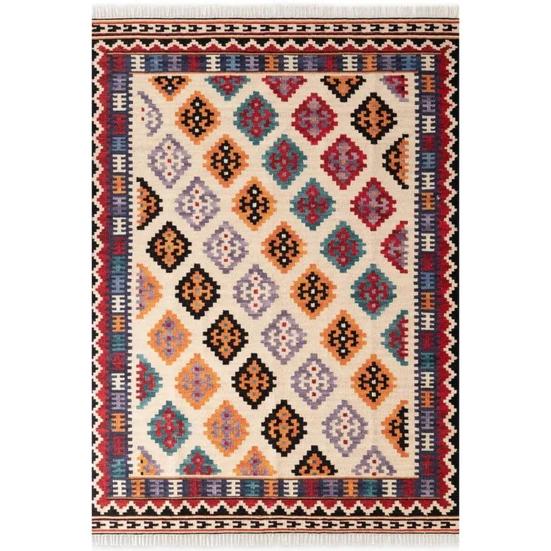 The Rugs Kamal Kelim Rug – Rami Design Bordered Handwoven Wool Cotton 3 mm Size: 120cm x 170cm - Multicolor