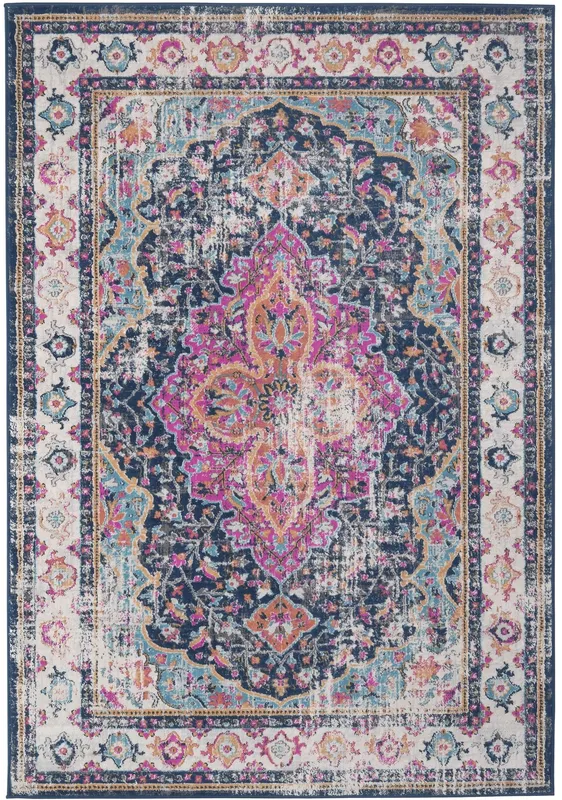 The Rugs Marrakech Pink Navy Distressed Medallion Large Area Rug & Runner 440 Size: 80cm x 150cm - Multicolor - Size: 80cm x 150cm