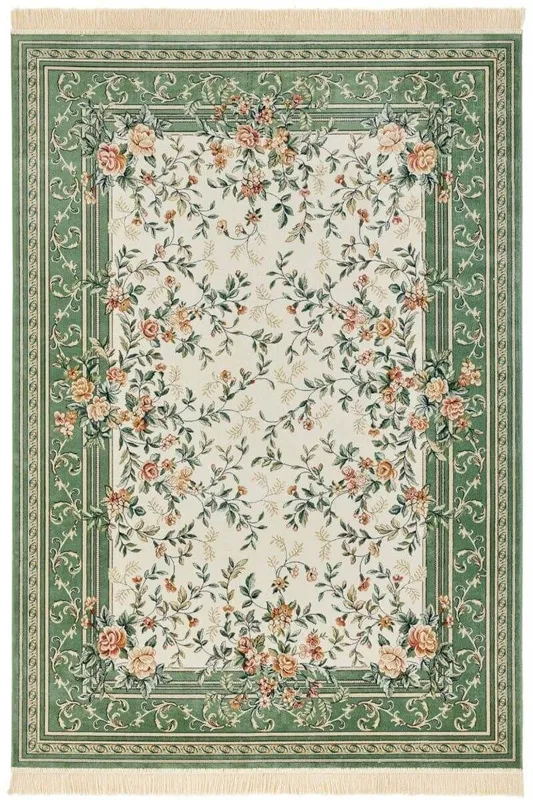 The Rugs Oriental Velvet Antik Flowers Rug - Floral Fringed Viscose Carpet in Green Size: 195 cm x 290 cm Green