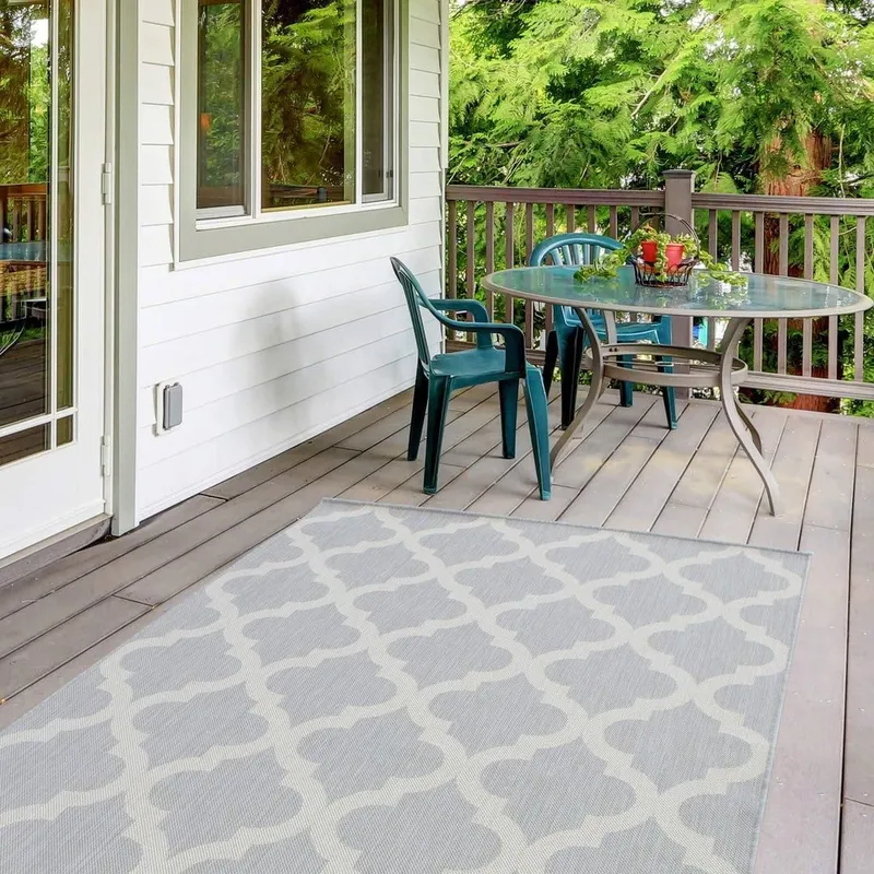 The Rugs Outdoor Indoor Grey Ivory Geometric Trellis Rug Weather Resistant Size: 80cm x 150cm - Grey