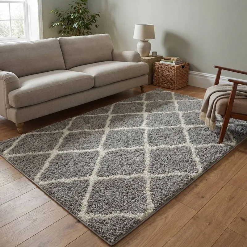 The Rugs Soft Moroccan Shaggy Rugs & Runners Grey & Ivory Living Room Size: 120cm x 120cm - Grey
