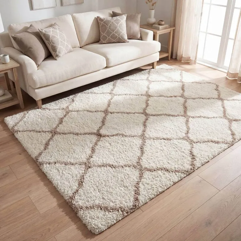 The Rugs Soft Moroccan Shaggy Rugs & Runners Ivory & Beige Living Room Size: 120cm x 120cm - Beige