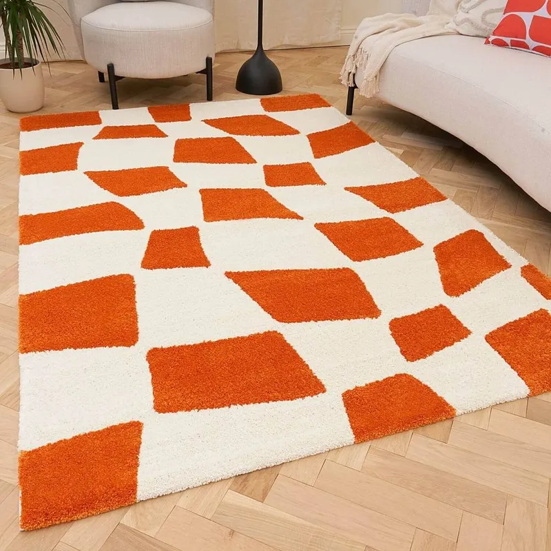 The Rugs Joli Chequered Soft & Dense Pile Living Room & Bedroom Rug in Burnt Orange Size: 80 cm x 150 cm Burnt Orange 80 cm x 150 cm