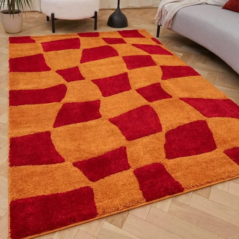 The Rugs Joli Chequered Soft & Dense Pile Living Room & Bedroom Rug in Red Size: 160cm x 230cm - Red - Size: 160cm x 230cm