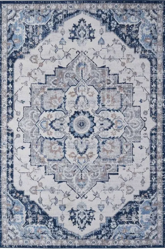 The Rugs Montana Medallion Navy & Cream Living Room Area Rug 4000 Size: 80cm x 150cm - Navy - Size: 80cm x 150cm