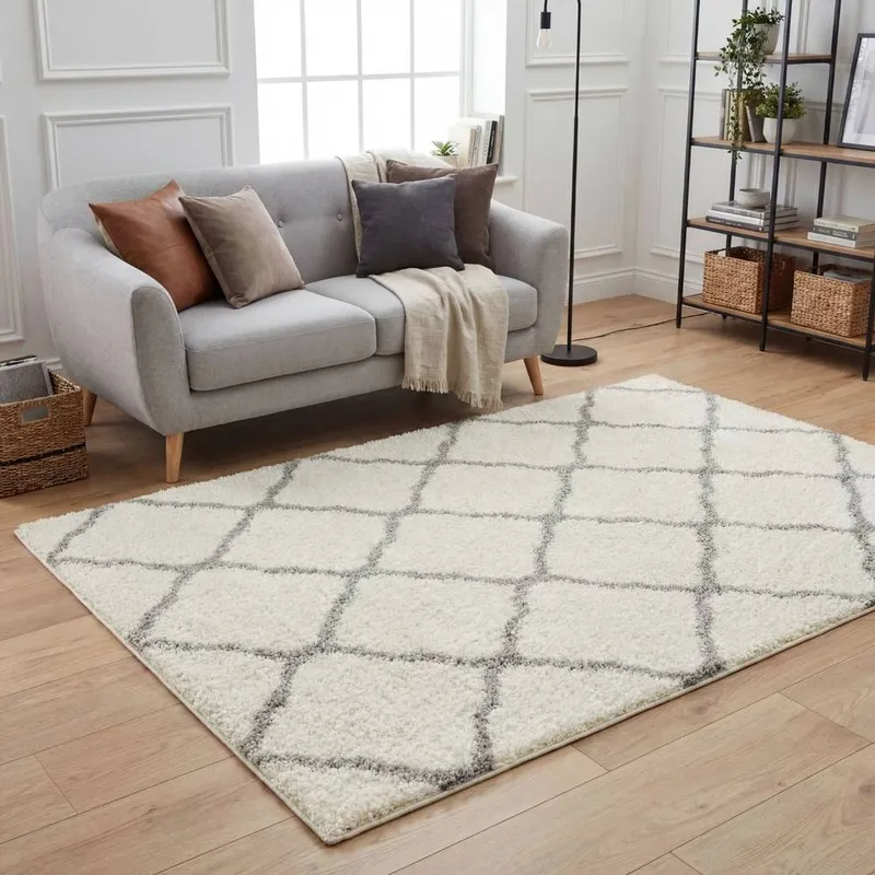 The Rugs Soft Moroccan Shaggy Rugs & Runners Ivory & Grey Living Room Size: 120cm x 120cm - Ivory