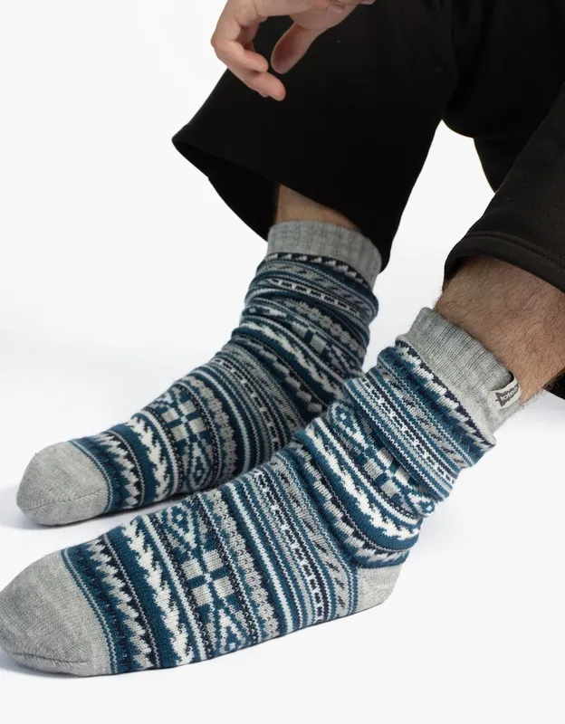 Men's Totes Toasties 3377 Sherpa Line Fair Isle Slipper Socks Mens Slipper Socks Blue Fair isle