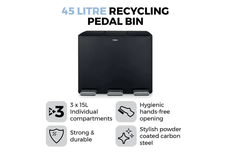 Tower 45L Recycling Pedal Bin in Black - Black
