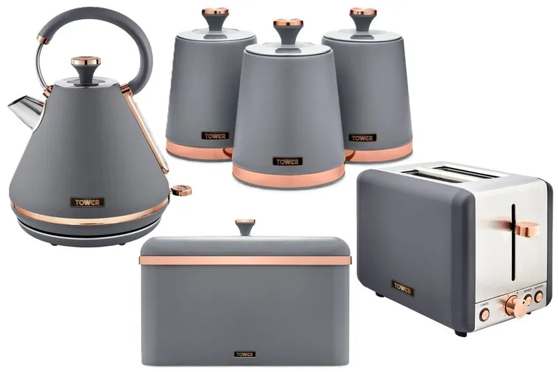 Tower Cavaletto Bundle: Kettle, Toaster, Bread Bin, 3 Canister Set in Grey Grey