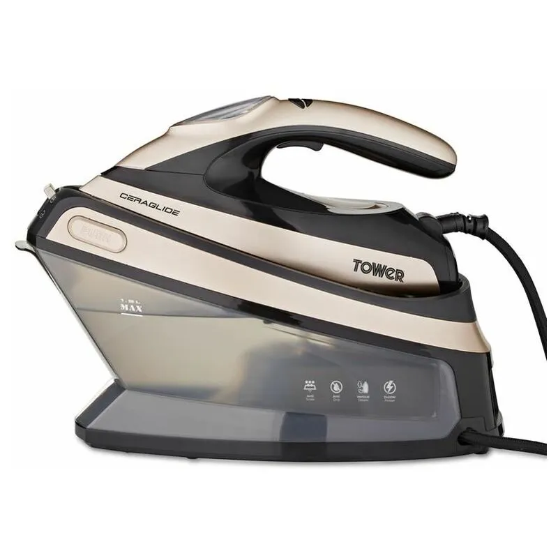 Tower T22024GLD Ceraglide Steam Generator, 4.5 Bar Pressure, 135g/min Continuous Steam 2400W, 1.5L, Champagne Gold & Black