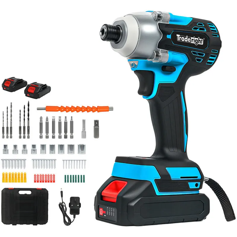 Traderight 21V Cordless Brushless Impact Driver 2 Battery 1/4" Electric Wrench