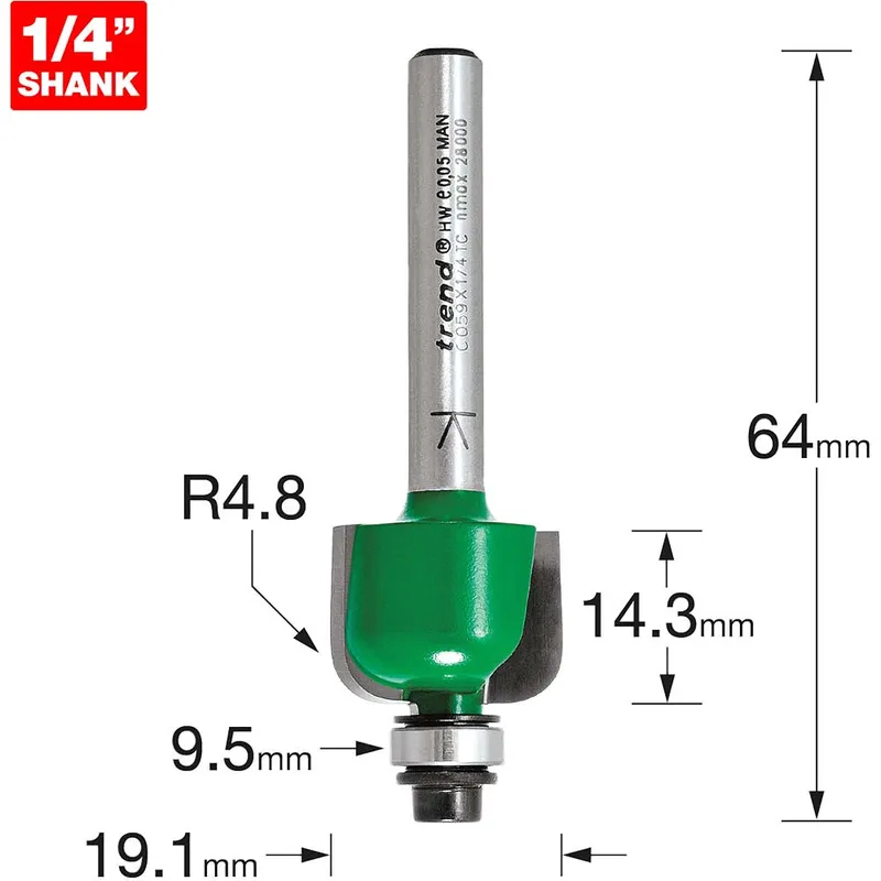 Trend Craftpro Radius Bearing Guided Router Cutter 19.1mm 14.3mm 1/4"