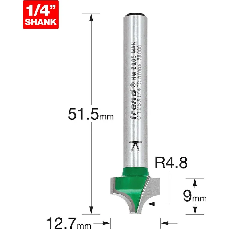 Trend Craftpro Rounding Over Router Cutter 12.7mm 9mm 1/4"