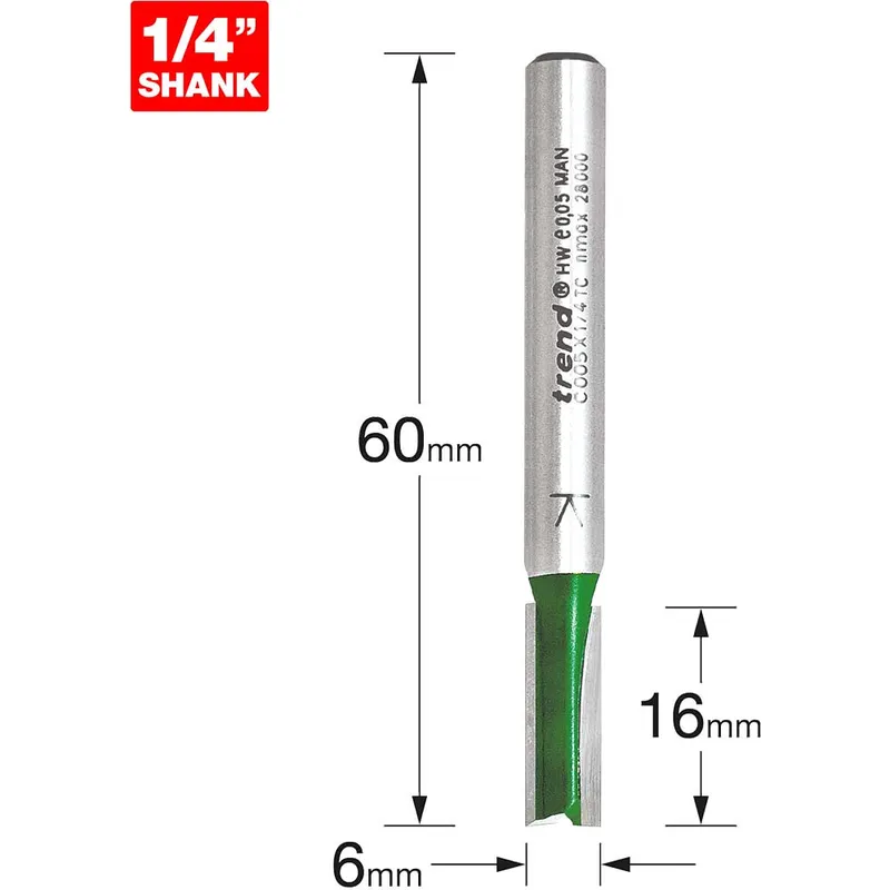 Trend Craftpro Two Flute Straight Router Cutter 6mm 16mm 1/4"