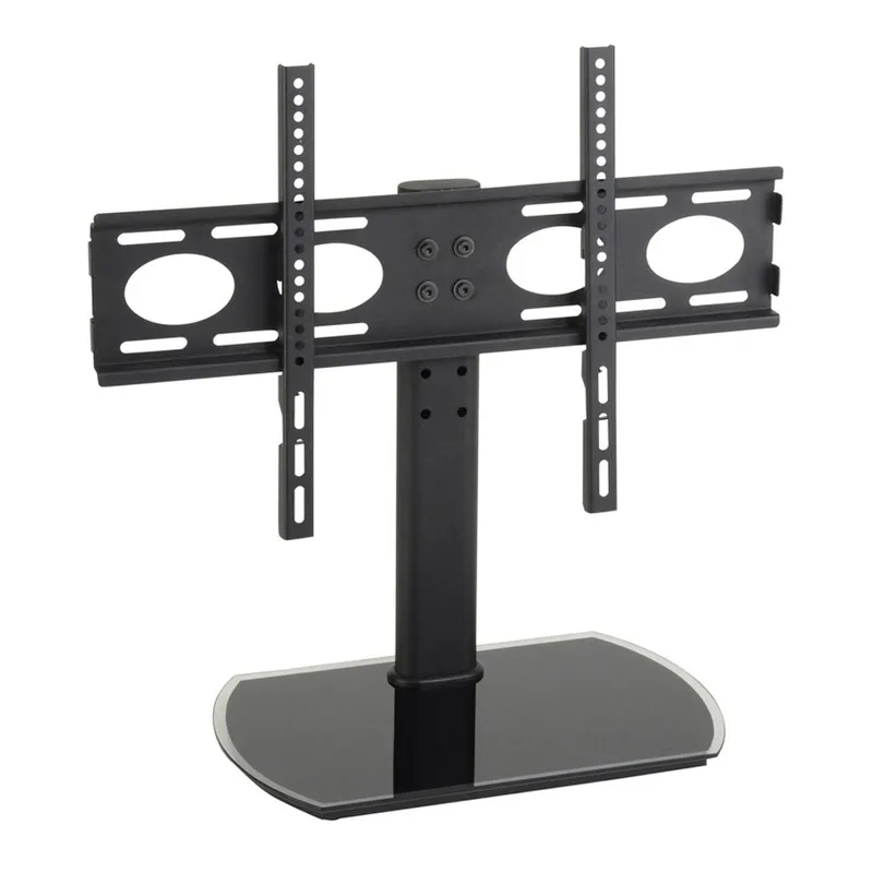 Ttap PED64F Black Glass Fixed Tabletop Pedestal TV Stand in Black
