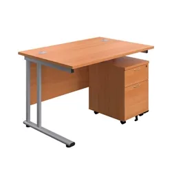 Unbranded 1200X800 Twin Rectangular Desk Beech-Silver + Mobile 2 Drawer Ped