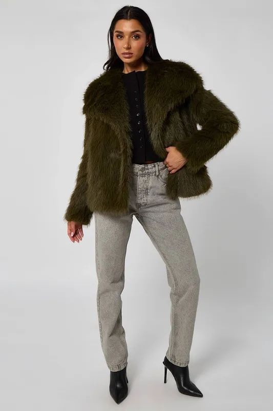 Urban Bliss Women's Faux Fur Jacket in Khaki Size: 8 - Khaki