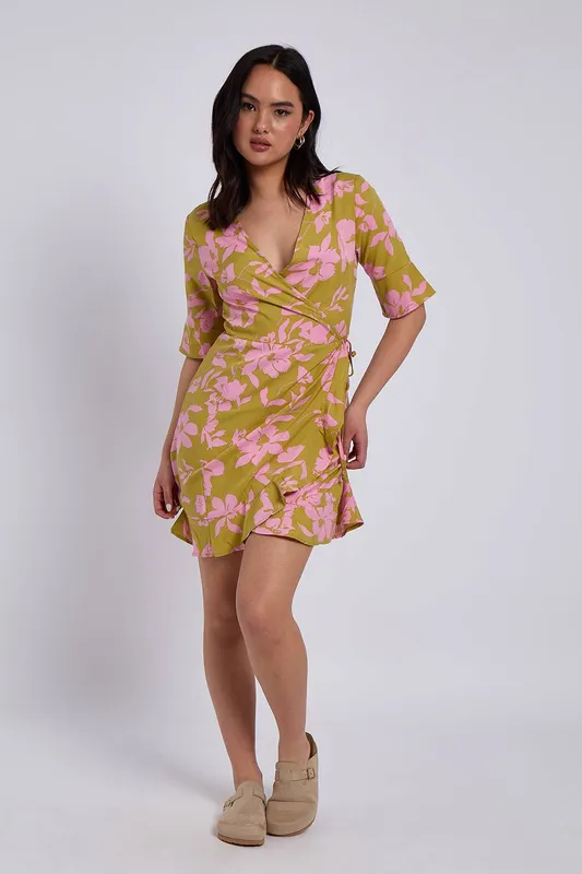 Urban Bliss Womens Green Floral Wrap Mini Dress - Size 10 Uk
