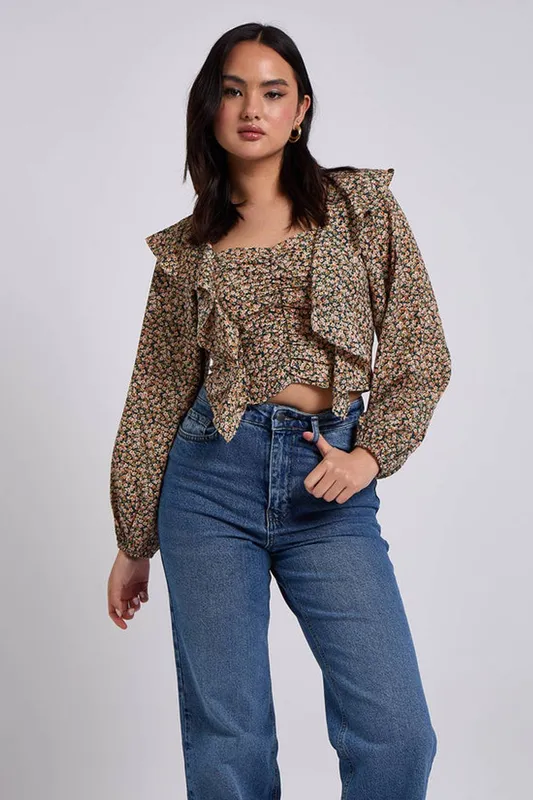 Urban Bliss Womens Green Ruffle Floral Blouse - Size 8 Uk