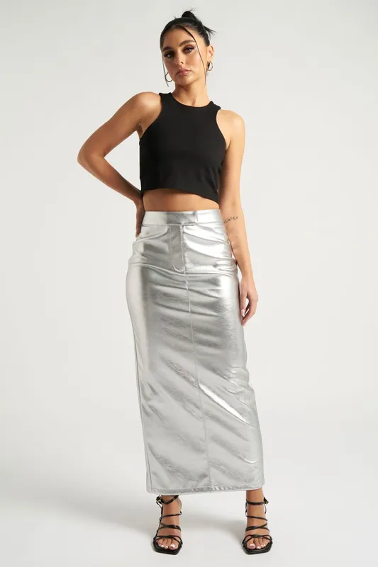 Urban Bliss Women's Maxi PU Skirt in Silver Size: 12 - Silver