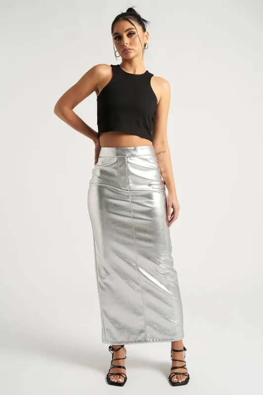 Urban Bliss Women's Maxi PU Skirt in Silver Size: 14 Silver