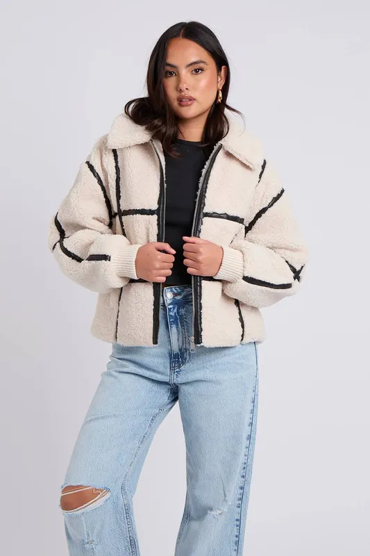 Urban Bliss Women's Taped Borg Coat in Stone Size: 10 - Stone