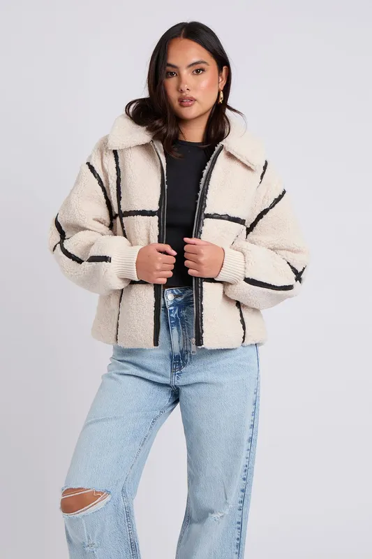 Urban Bliss Women's Taped Borg Coat in Stone Size: 8 Stone 8