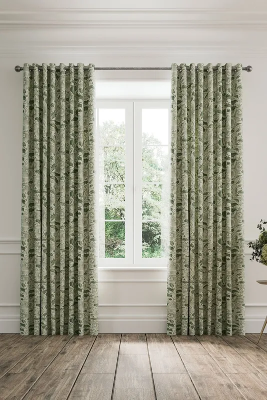 V&A Ornamental Bloom Lined Curtains 66" x 72", Green
