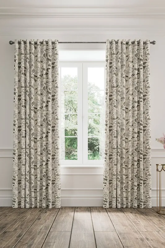 V&A Ornamental Bloom Lined Curtains 90" x 90", Linen & Grey
