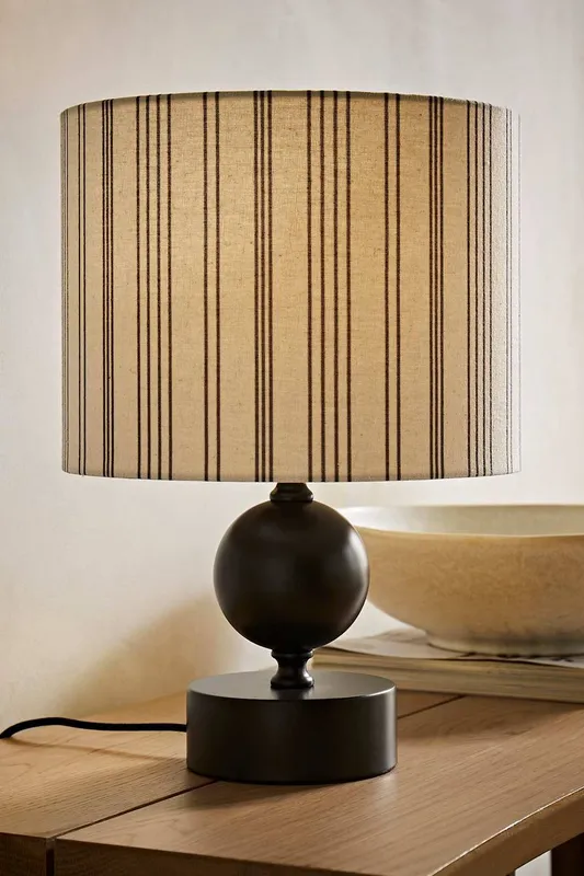 ValueLights Anthony Candlestick Table Lamp with Linen Stripe Drum Lamp Shade in Cream - Cream