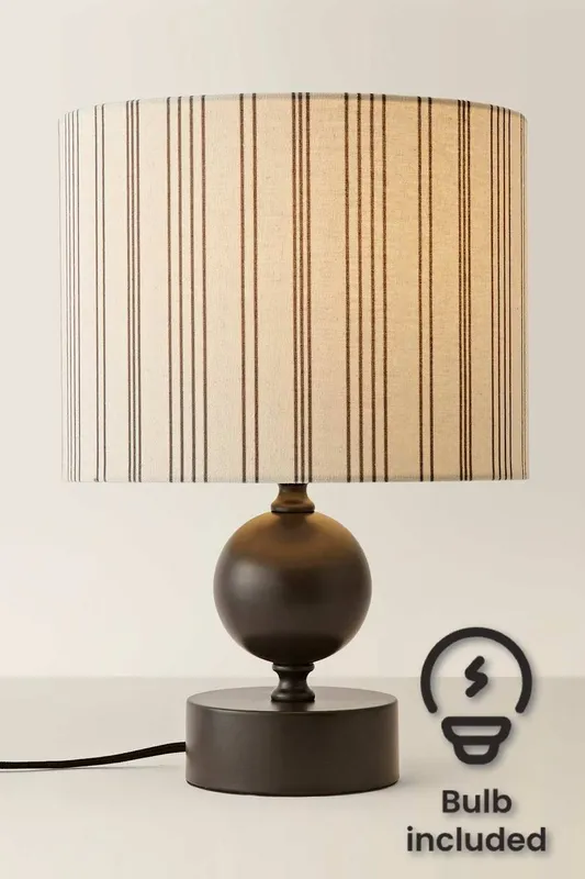 ValueLights Anthony Candlestick Table Lamp with Linen Stripe Lamp Shade & Bulb in Nude - Nude