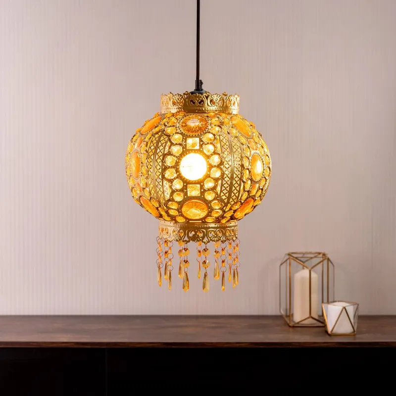 ValueLights Bazaar Moroccan Jewelled Gold Easy Fit Ceiling Lamp Shade with Bulb in Metallic Gold - Metallic Gold