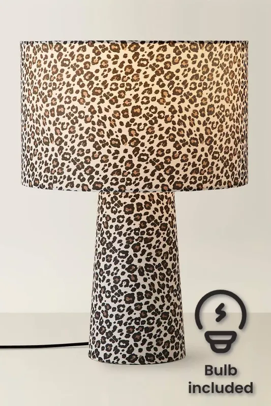 ValueLights Bertie Leopard Print Full Fabric Table Lamp with LED Bulb in Tan Tan