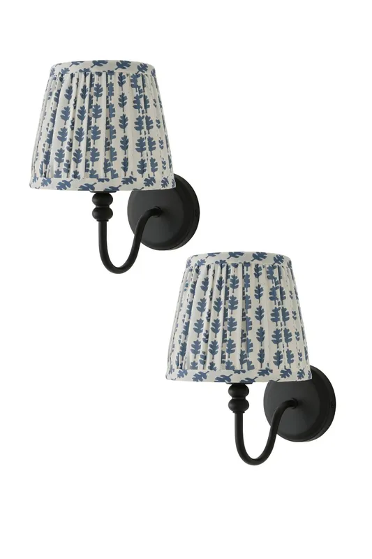 ValueLights Binky Pair of Rechargeable Black Wall Lights & Floral Pleated Shades in Mid Blue - Mid Blue