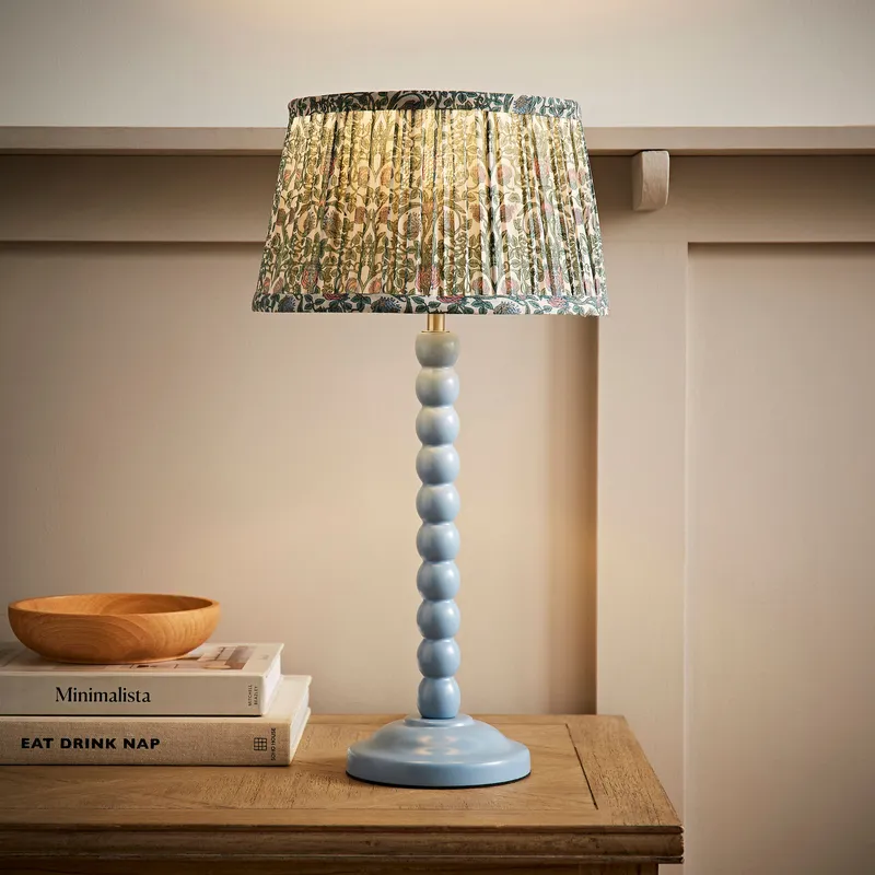 ValueLights Bobbin Bobble Table Lamp with Floral Pleated Tapered Lamp Shade in Pale Blue Pale Blue
