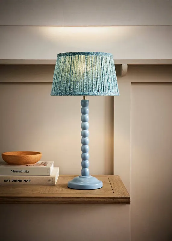 ValueLights Bobbin Bobble Table Lamp with Leaf Pleated Tapered Lamp Shade in Pale Blue Pale Blue