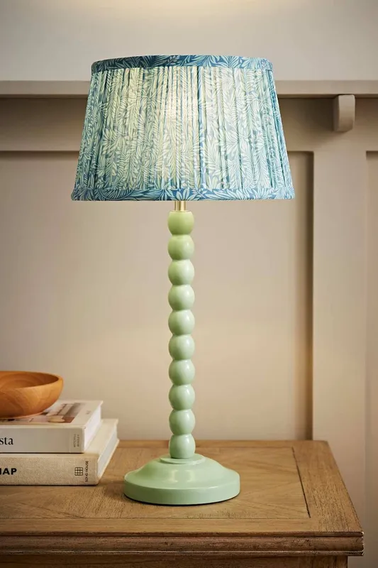 ValueLights Bobbin Bobble Table Lamp with Leaf Pleated Tapered Lamp Shade in Pale Green - Pale Green
