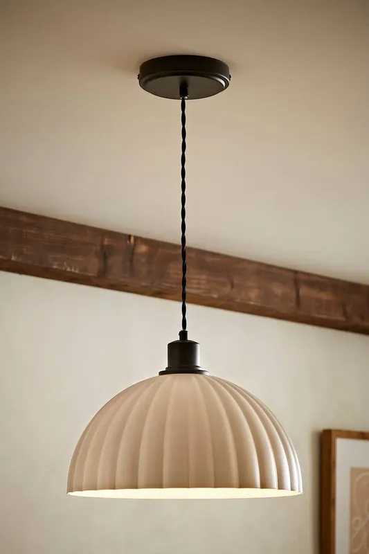 ValueLights Bourton Cream Ribbed Dome Pendant Ceiling Light in Black Black