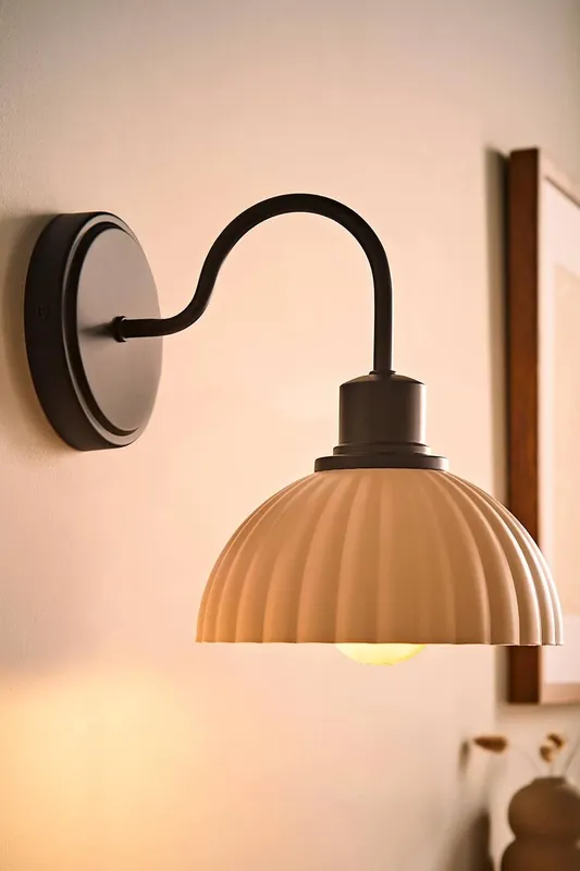ValueLights Bourton Cream Ribbed Dome Wall Light with Bulb in Black Black