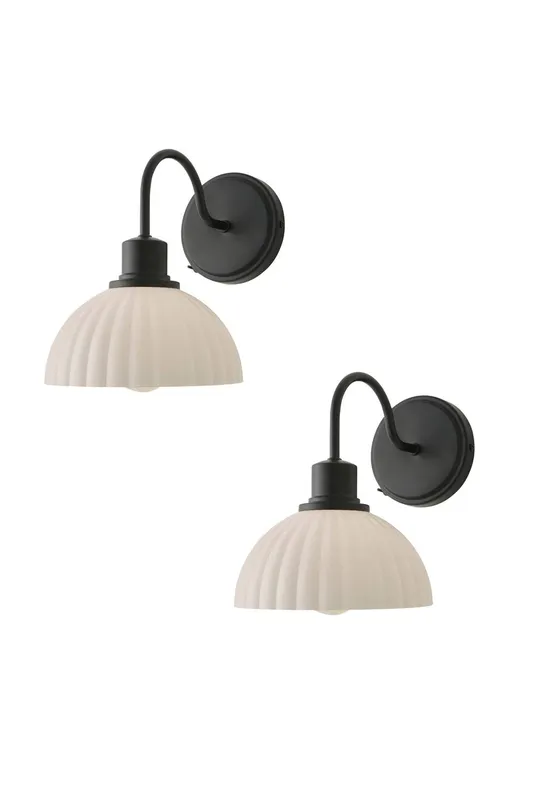 ValueLights Bourton Pair of Cream Ribbed Dome Wall Lights & Bulbs in Black - Black