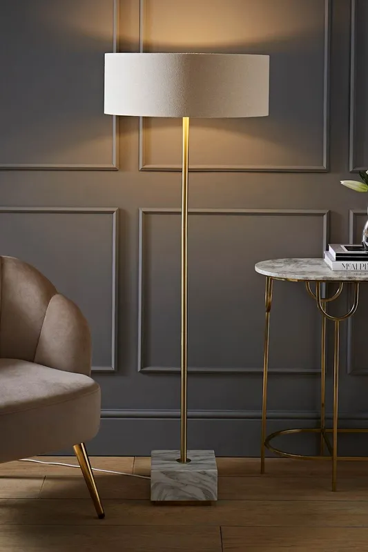 ValueLights Brit Marble Floor Lamp with Natural Linen Drum Lamp Shade Natural