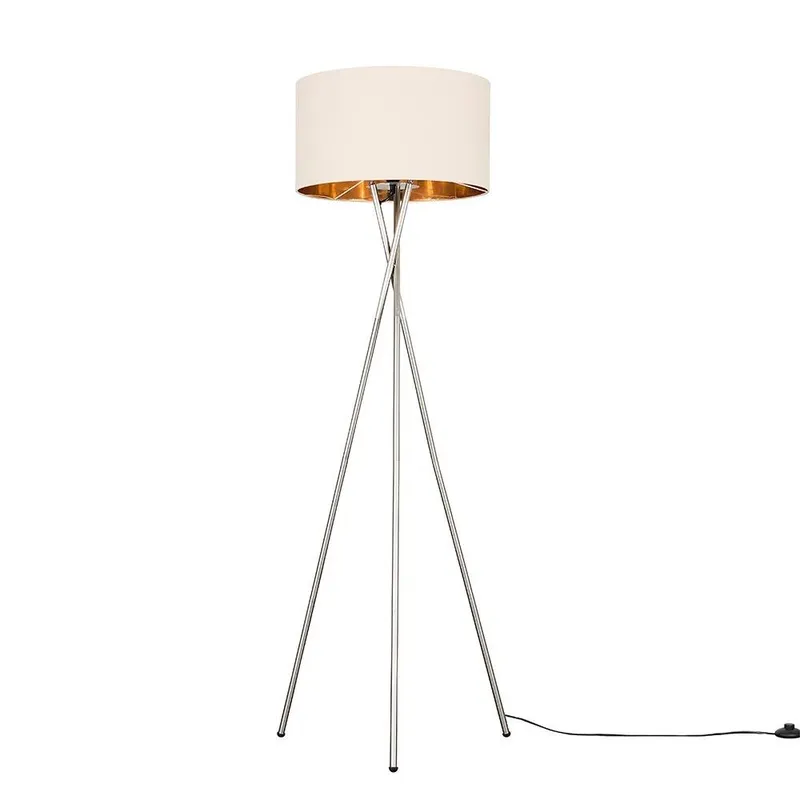 ValueLights Camden Brushed Chrome Floor Lamp with Beige & Gold Lamp Shade & Bulb Beige