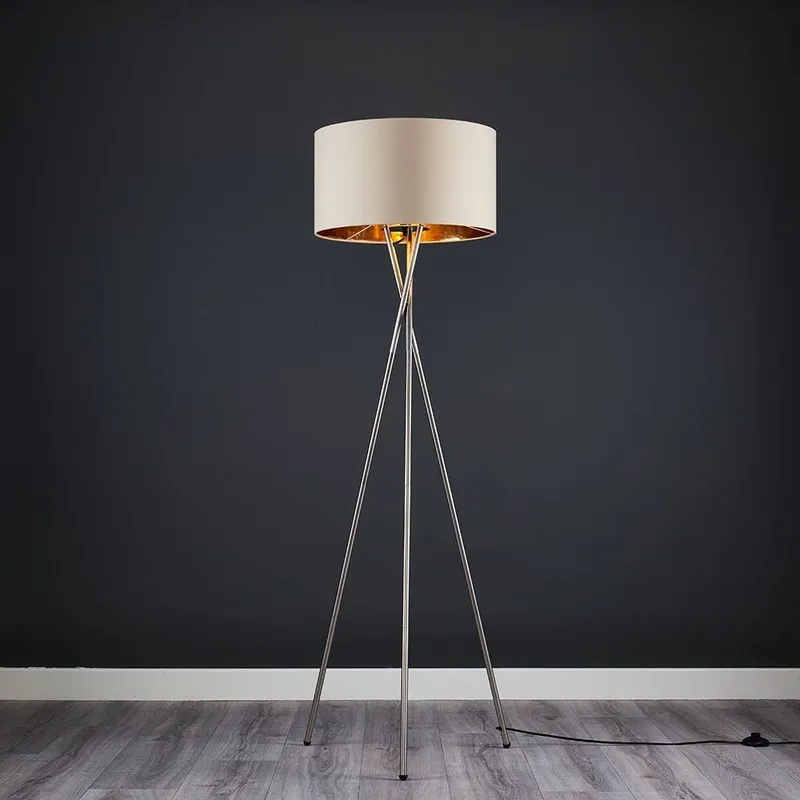 ValueLights Camden Brushed Chrome Tripod Floor Lamp with Beige & Gold Lamp Shade Beige