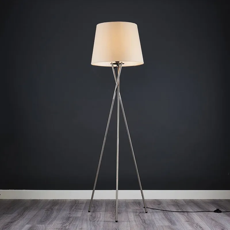 ValueLights Camden Brushed Chrome Tripod Floor Lamp with Beige Tapered Lamp Shade - Beige