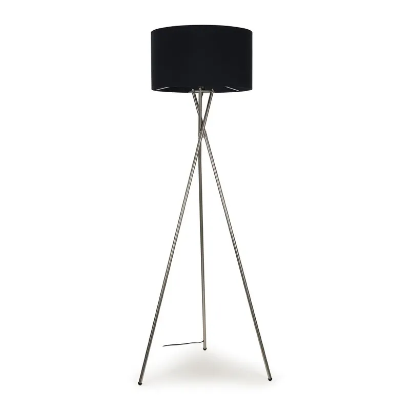 ValueLights Camden Brushed Chrome Tripod Floor Lamp with Black Drum Lamp Shade - Black