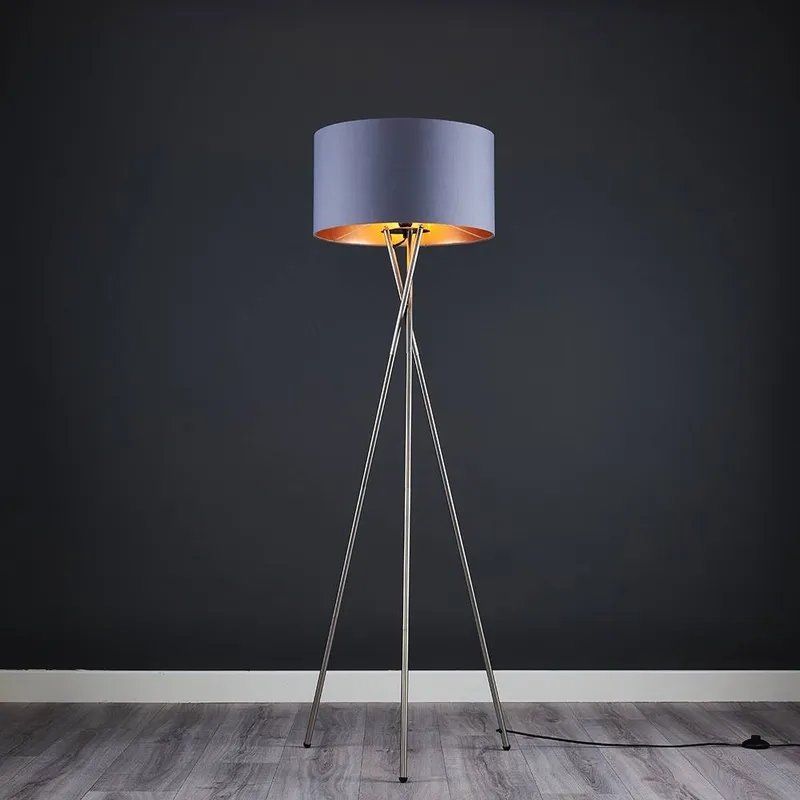 ValueLights Camden Brushed Chrome Tripod Floor Lamp with Grey & Copper Lamp Shade Grey