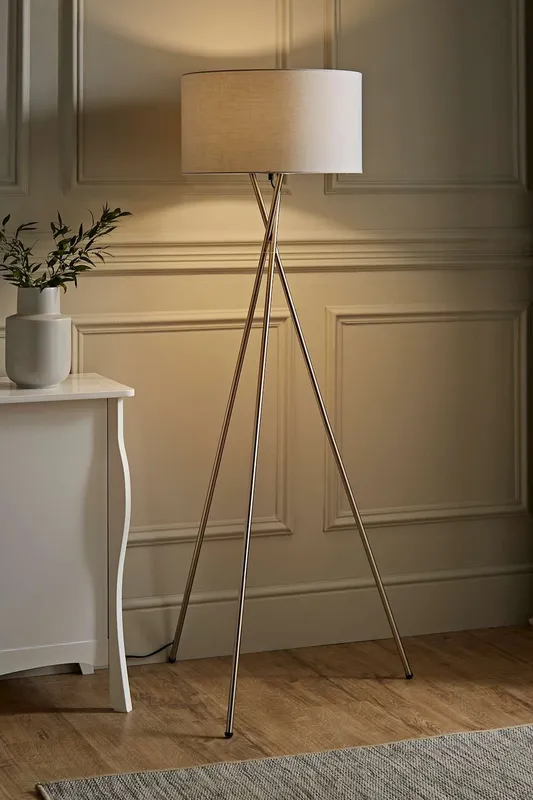 ValueLights Camden Brushed Chrome Tripod Floor Lamp with Grey Drum Lamp Shade Grey
