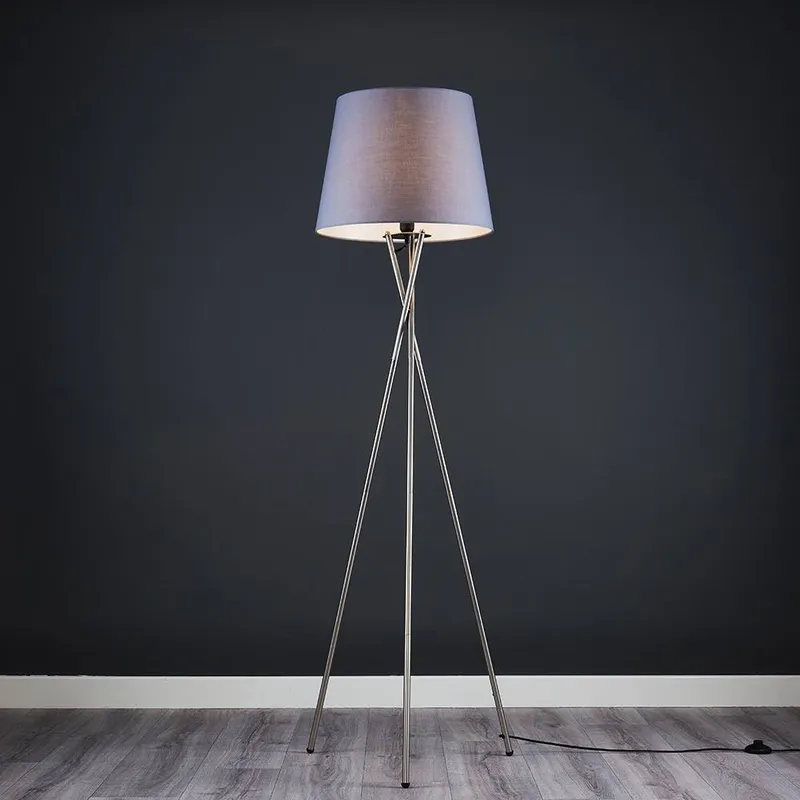 ValueLights Camden Brushed Chrome Tripod Floor Lamp with Grey Tapered Lamp Shade - Grey
